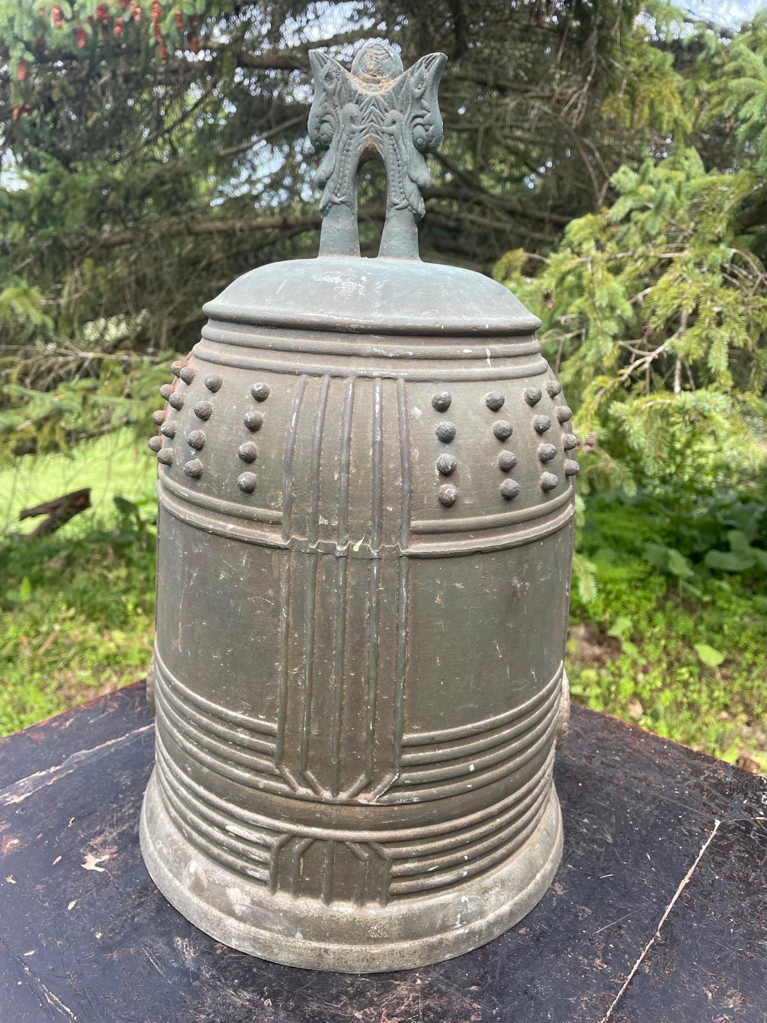 For your special garden setting or indoor display space.

Big Hand Cast Bronze Bell Bold with a most pleasant resonating sound

Beautiful resonating ring tones await the new owner of this big one-of-a-kind vintage bronze bell from old Japan. Its