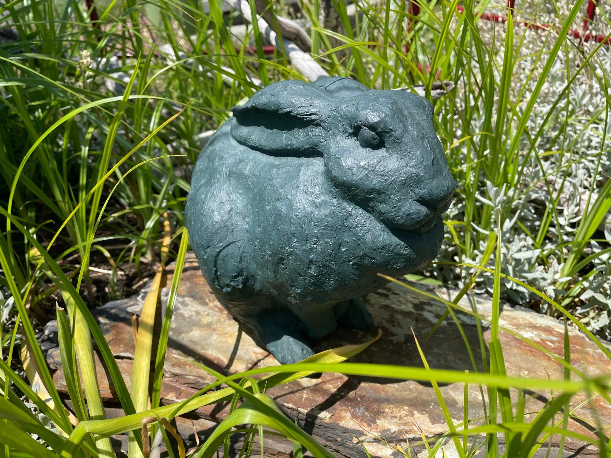 Cast Japanese Big Old Signed Blue Teal Garden Rabbit  Mint, Signed, and Boxed For Sale