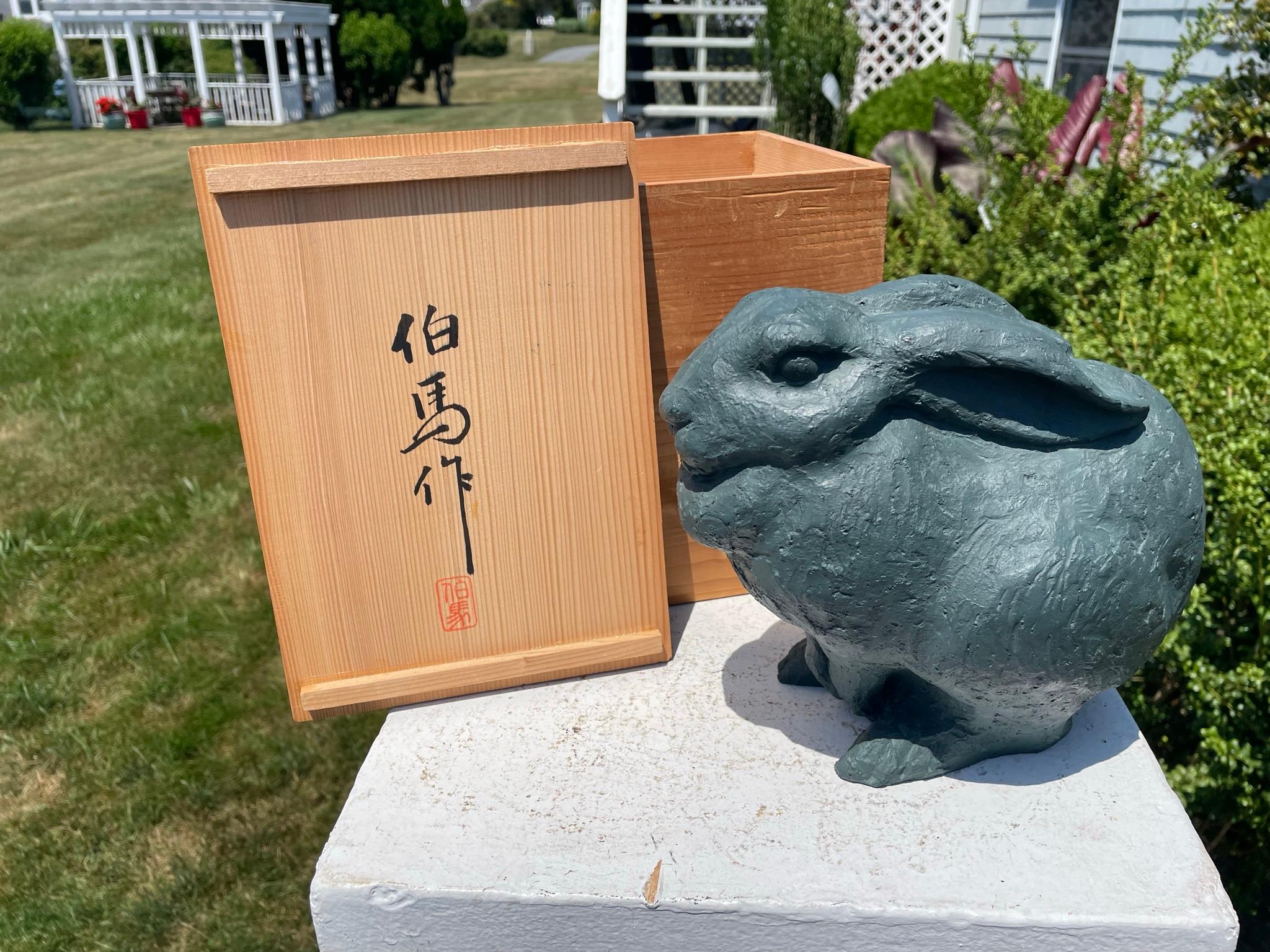 Bronze Japanese Big Old Signed Blue Teal Garden Rabbit  Mint, Signed, and Boxed For Sale