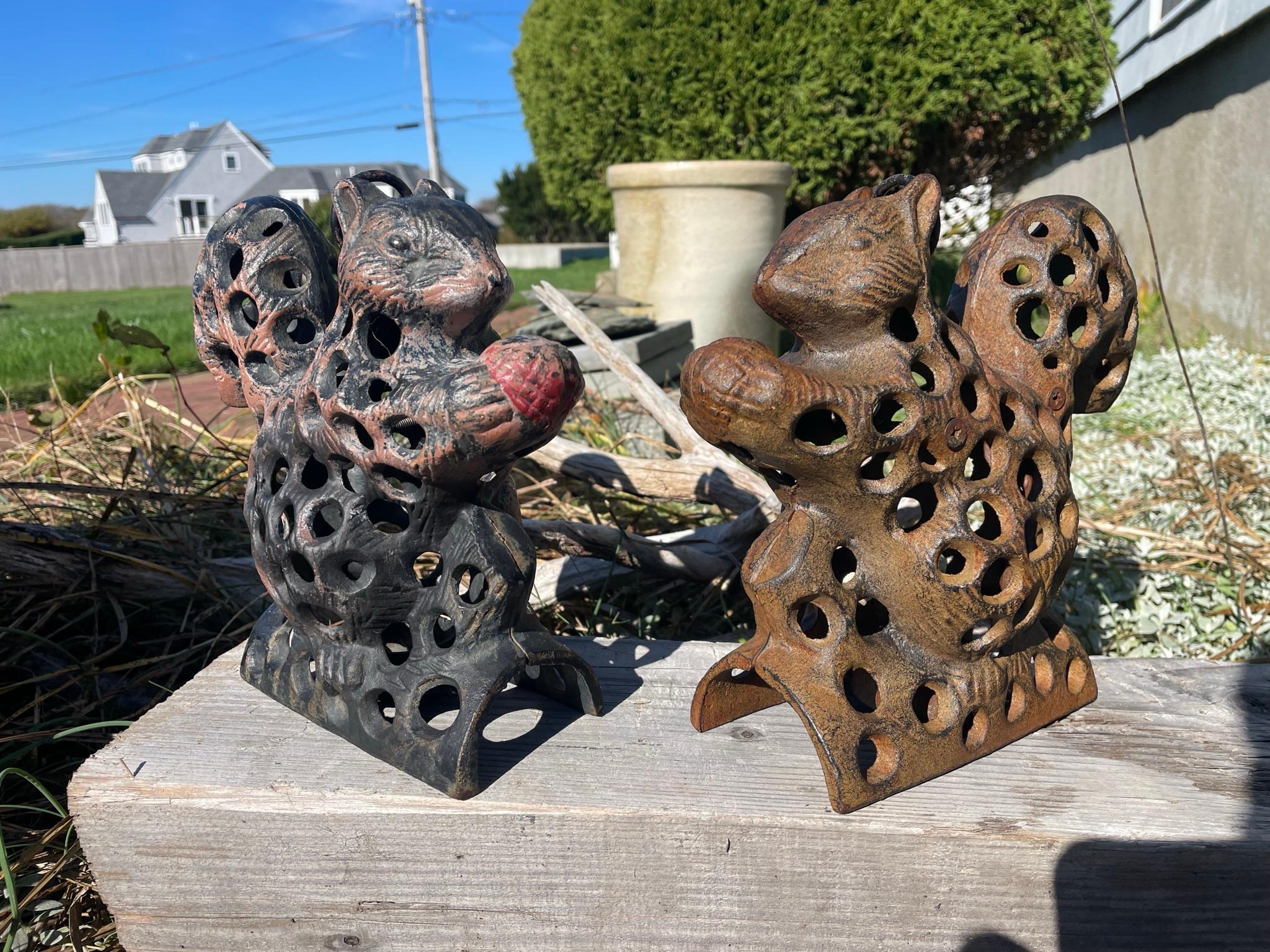 Iron Japanese Big Pair Hand Painted Squirrel Lanterns For Sale