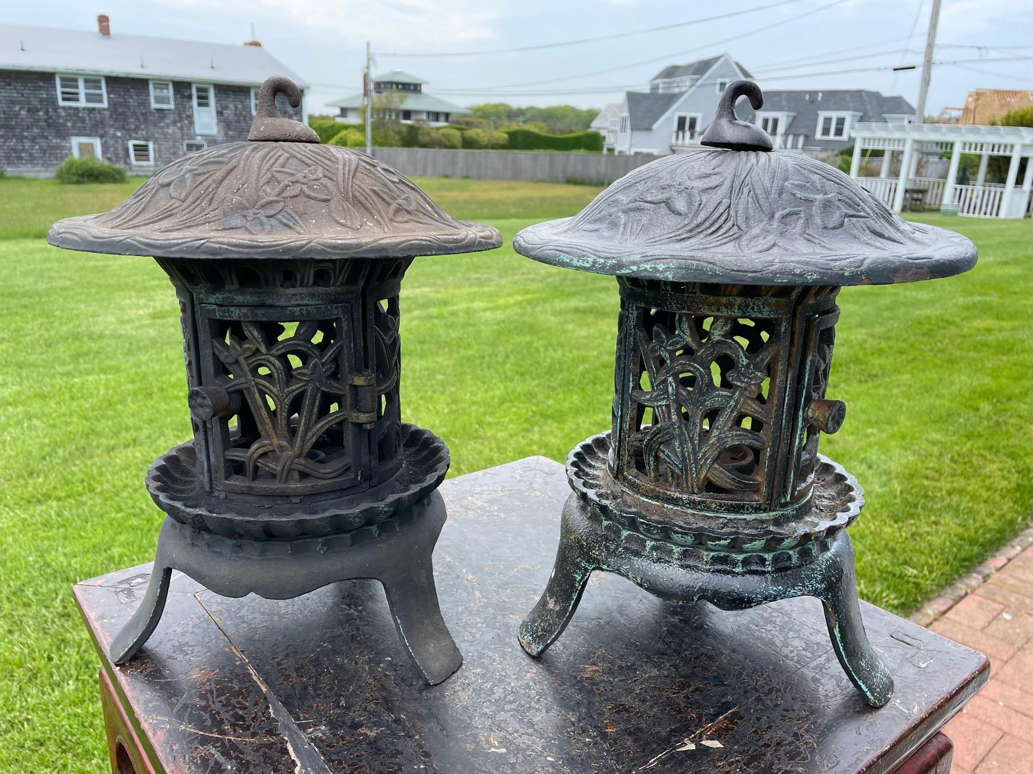 Showa Japanese Big Pair Orchid and Flower Lighting Lanterns For Sale