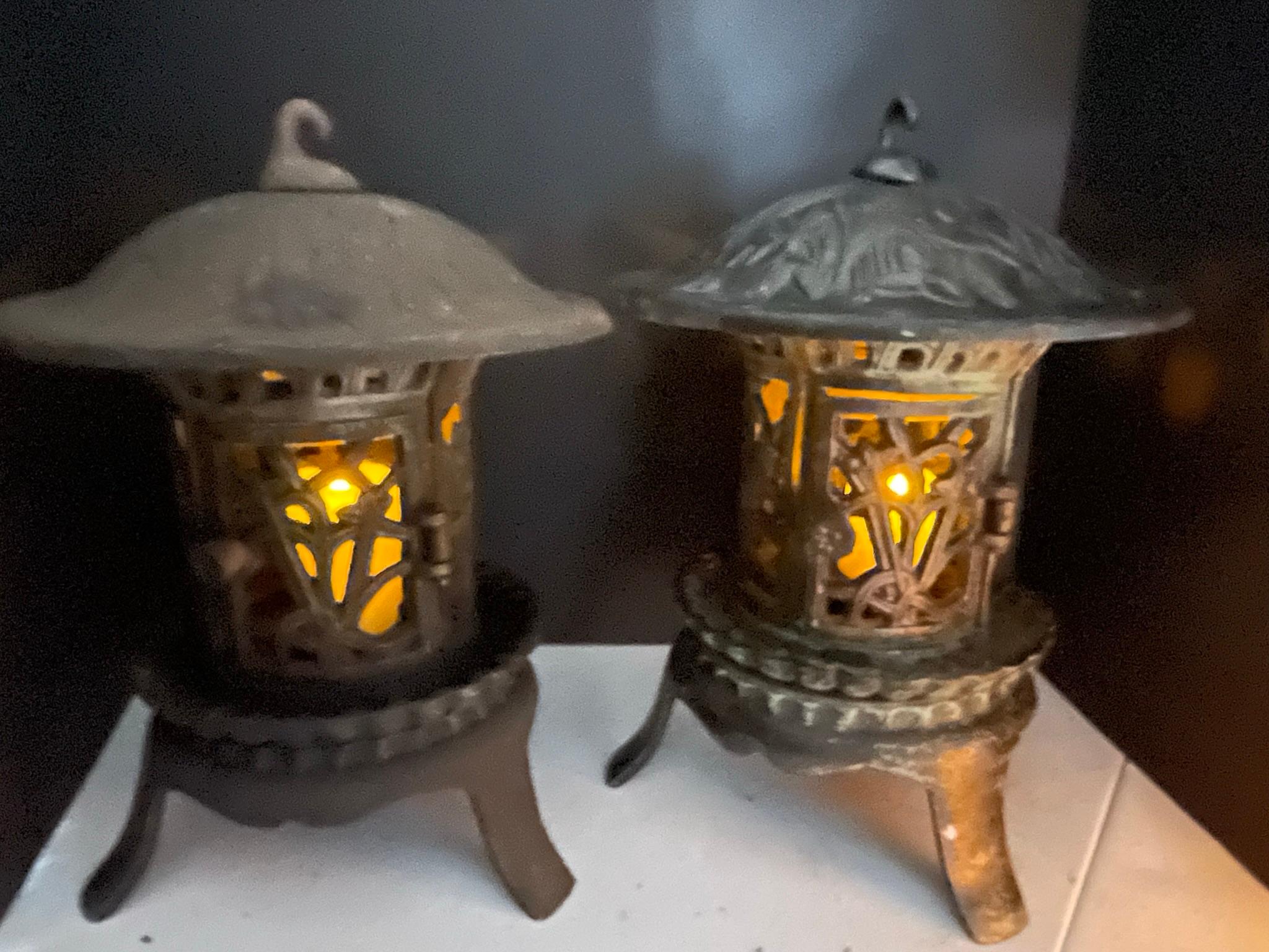 Cast Japanese Big Pair Orchid and Flower Lighting Lanterns For Sale