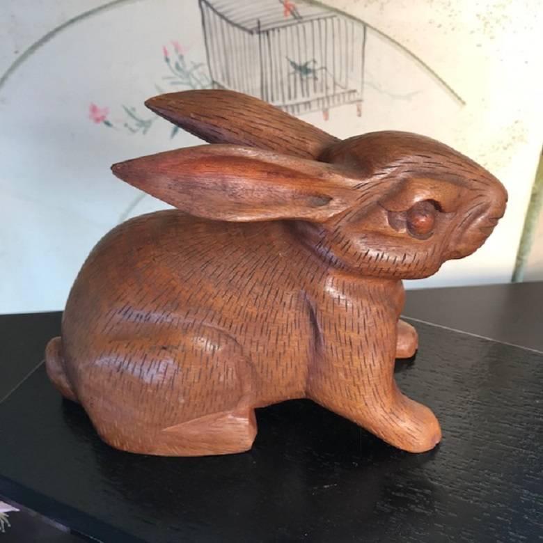 Showa Japanese Big Tall Ears Rabbit Hand-Carved Wooden Sculpture with Fine Details