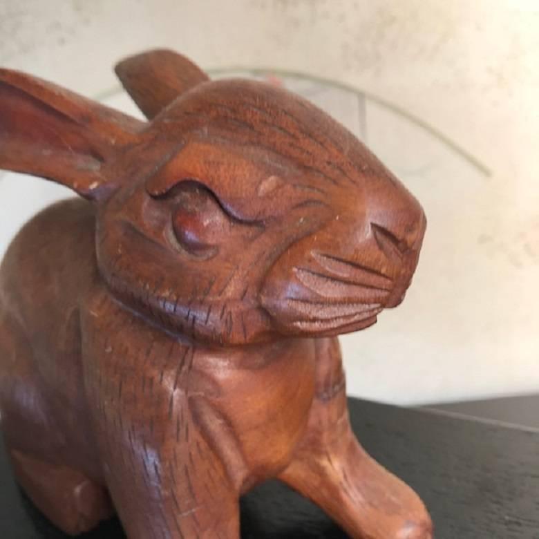 Japanese Big Tall Ears Rabbit Hand-Carved Wooden Sculpture with Fine Details In Good Condition In South Burlington, VT