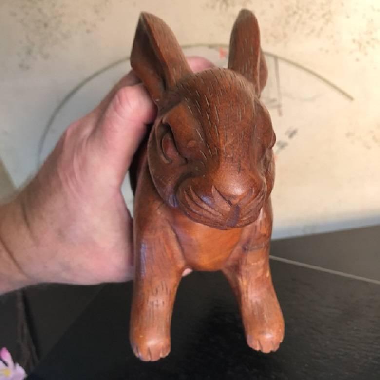 20th Century Japanese Big Tall Ears Rabbit Hand-Carved Wooden Sculpture with Fine Details