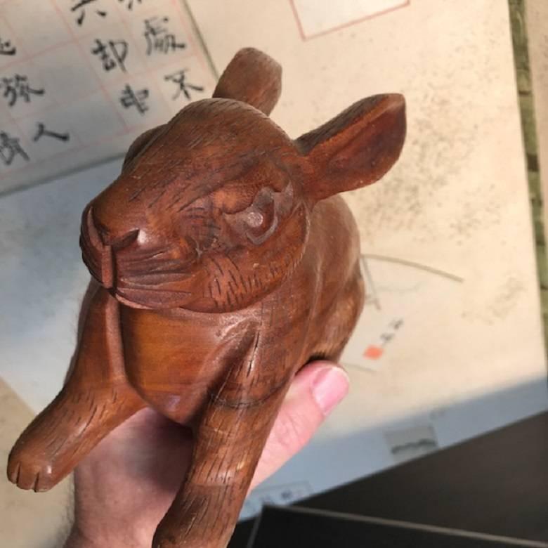 Japanese Big Tall Ears Rabbit Hand-Carved Wooden Sculpture with Fine Details 1