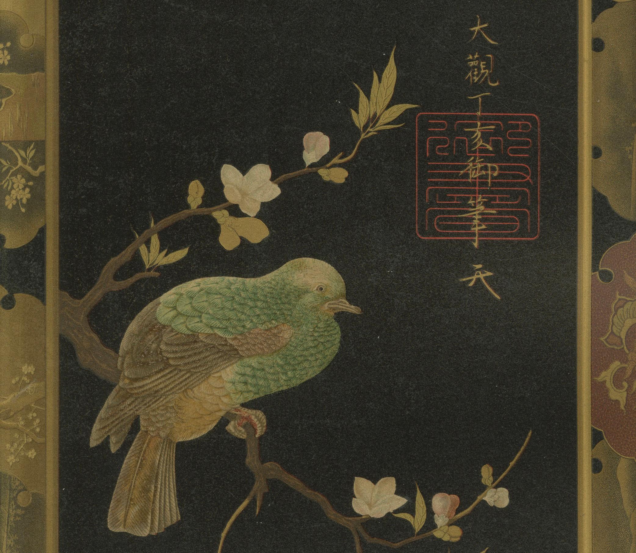 Fin du XIXe siècle Plateau japonais en laque avec oiseaux et fleurs : Lithographie ancienne, années 1880 en vente