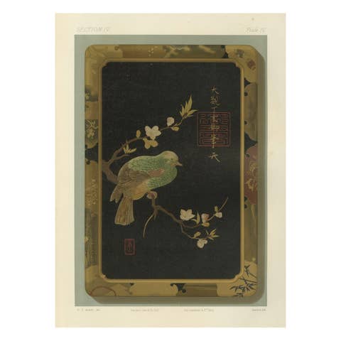Japanese Bird and Blossom Lacquer Tray: Antique Lithograph, 1880s