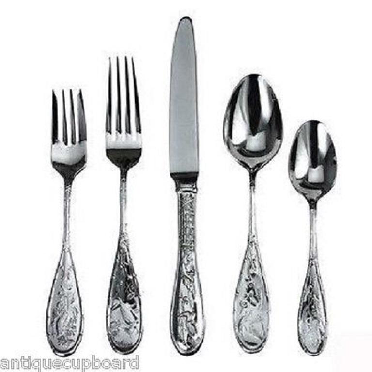 Best seller! New Japanese bird by Ricci stainless steel flatware set for 6 with double teaspoons, 41 pieces total. This multi-motif pattern is similar to Japanese and Audubon by Tiffany. Each piece is decorated with intricate designs adapted from
