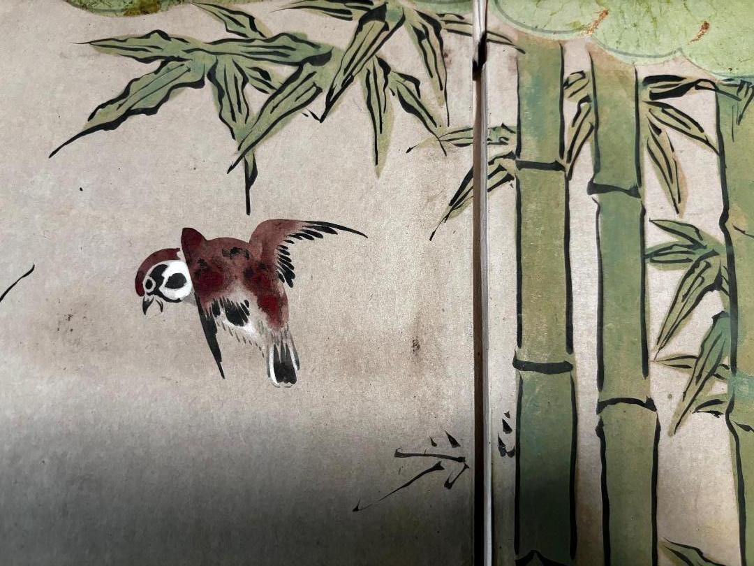Japanese Birds, Bamboo, And Plum Tree Summer Time Screen For Sale 3