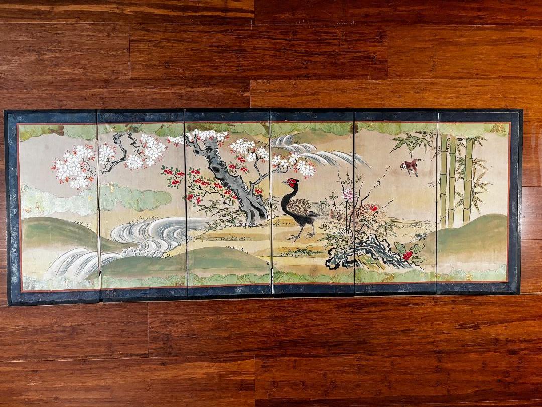 Just acquired in Kyoto, Japan

A suumer time treat as this rendered smaller scale Japanese  six-panel folding screen byobu was conceived in this  convenient size 18 inches high and 48 inches length.

This green summer time country side scene