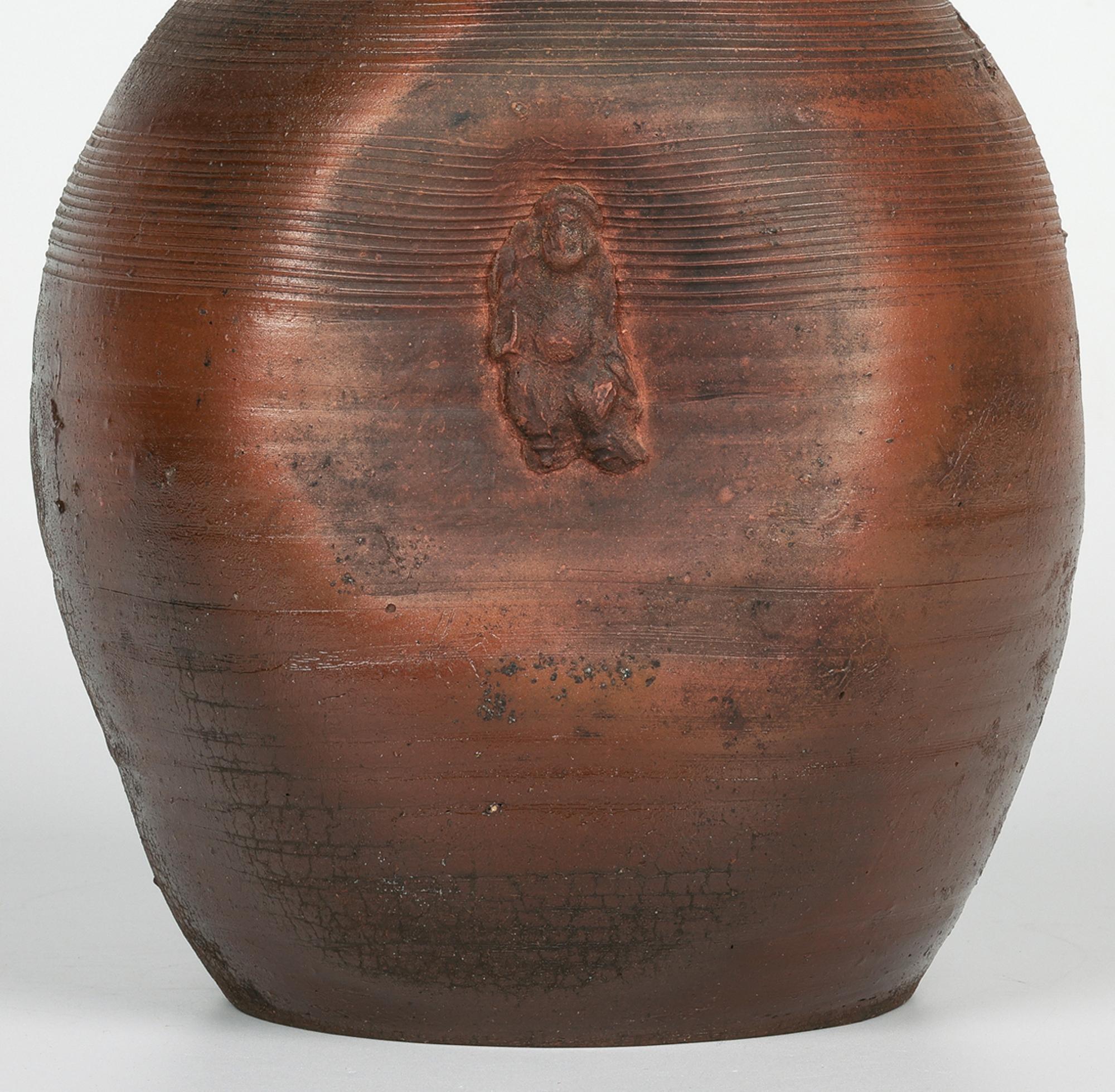 Glazed Japanese Bizen Ware Figural Dimple Molded Bottle Vase