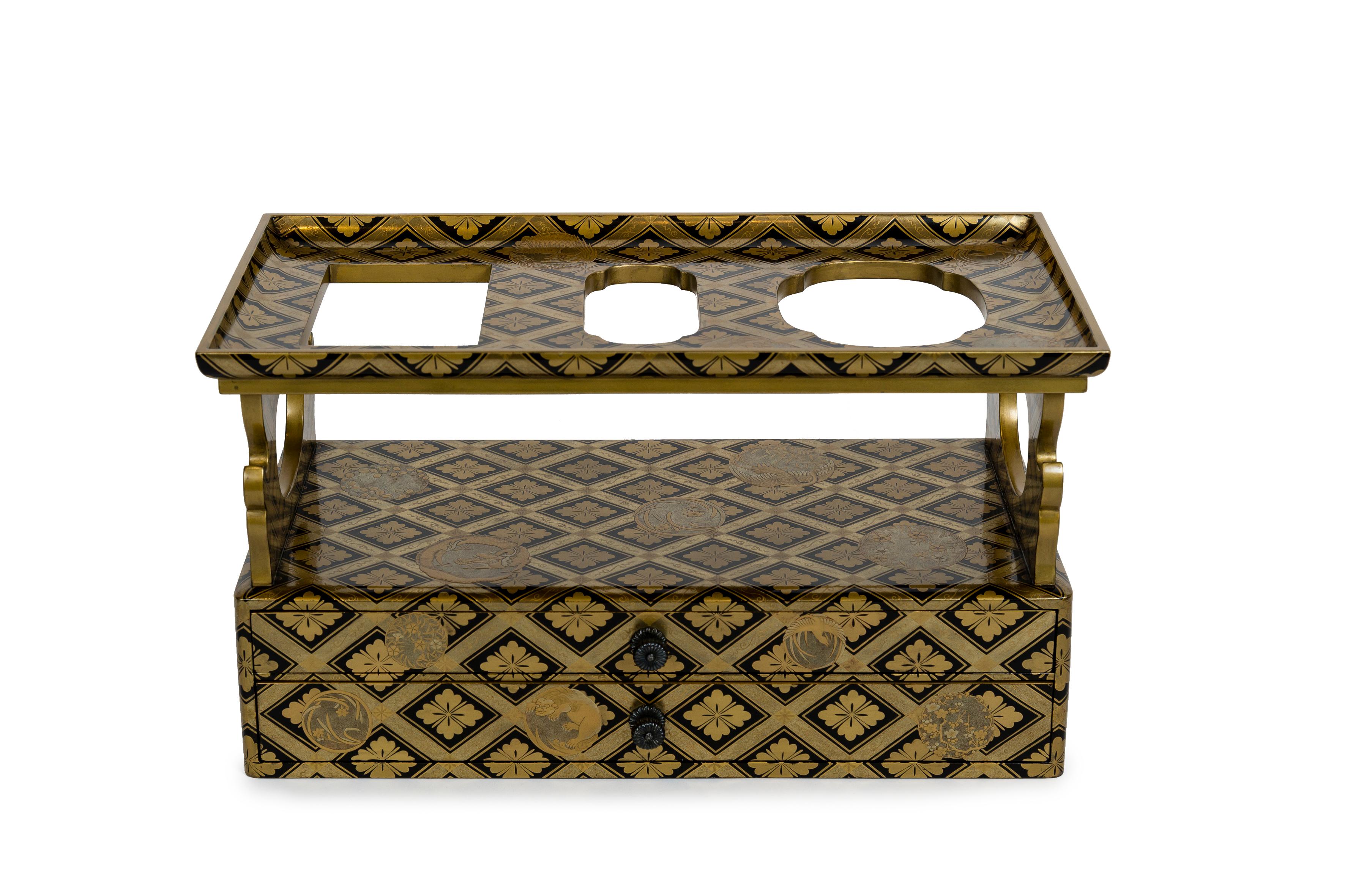 Japanese black and gold lacquer tabako bon or smoking set with silvered bronze 4