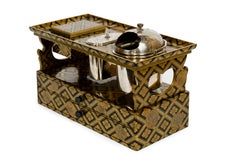 Japanese black and gold lacquer tabako bon or smoking set with silvered bronze