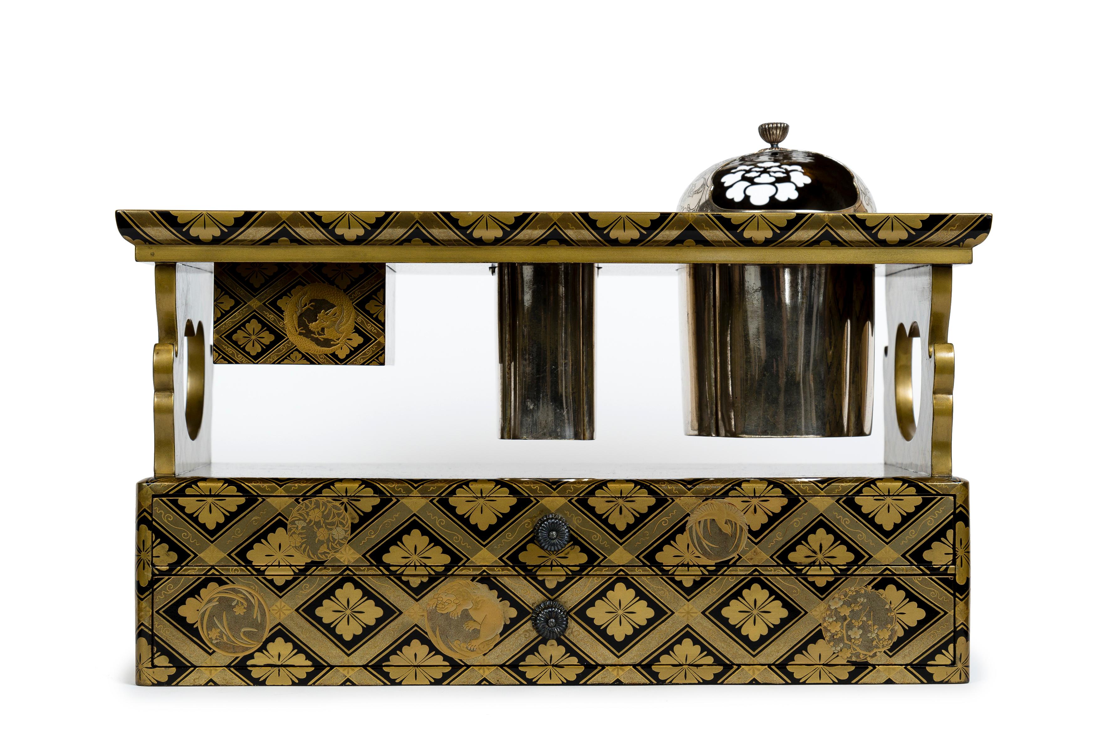 Meiji Japanese black and gold lacquer tabako bon or smoking set with silvered bronze