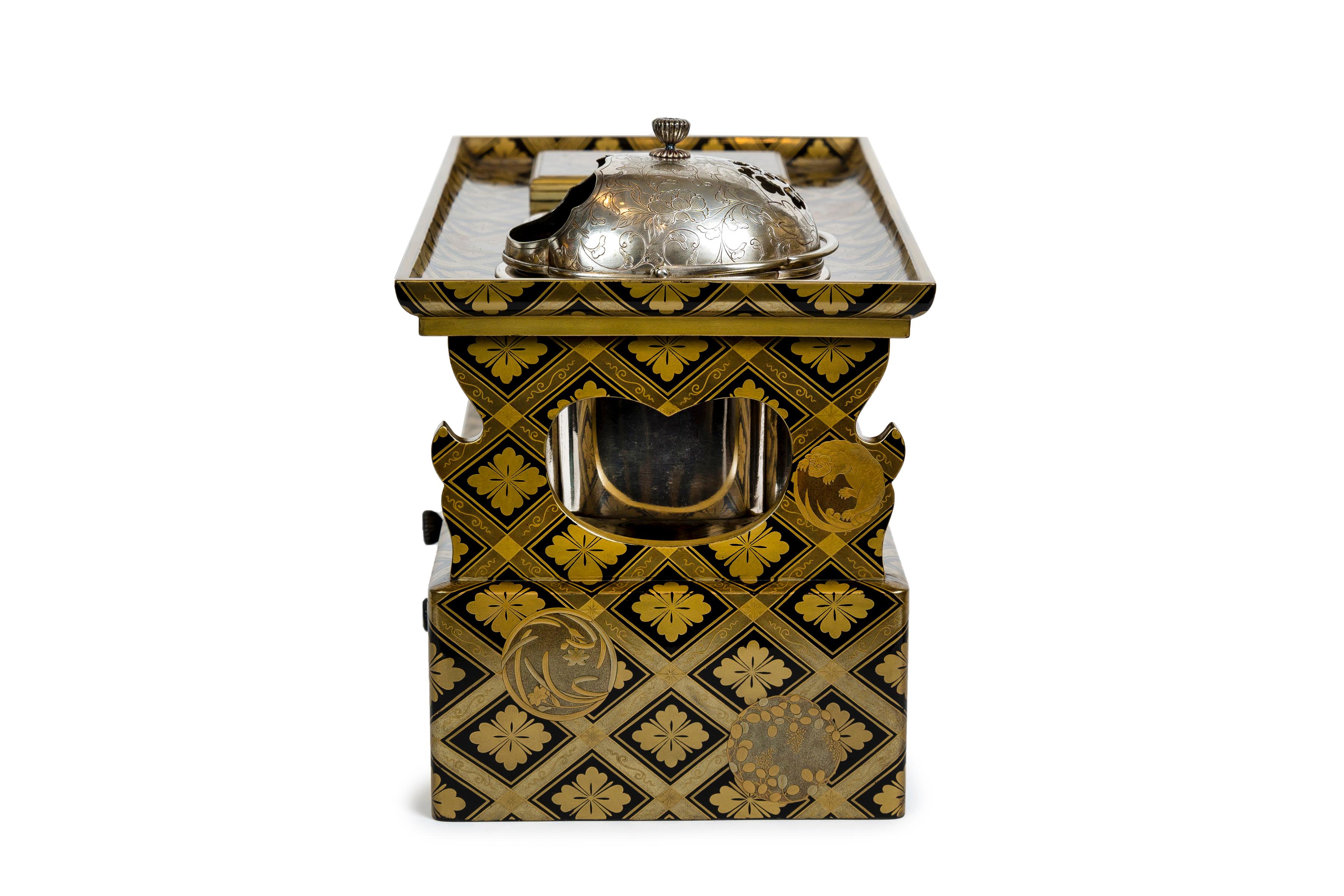 Gold Japanese black and gold lacquer tabako bon or smoking set with silvered bronze