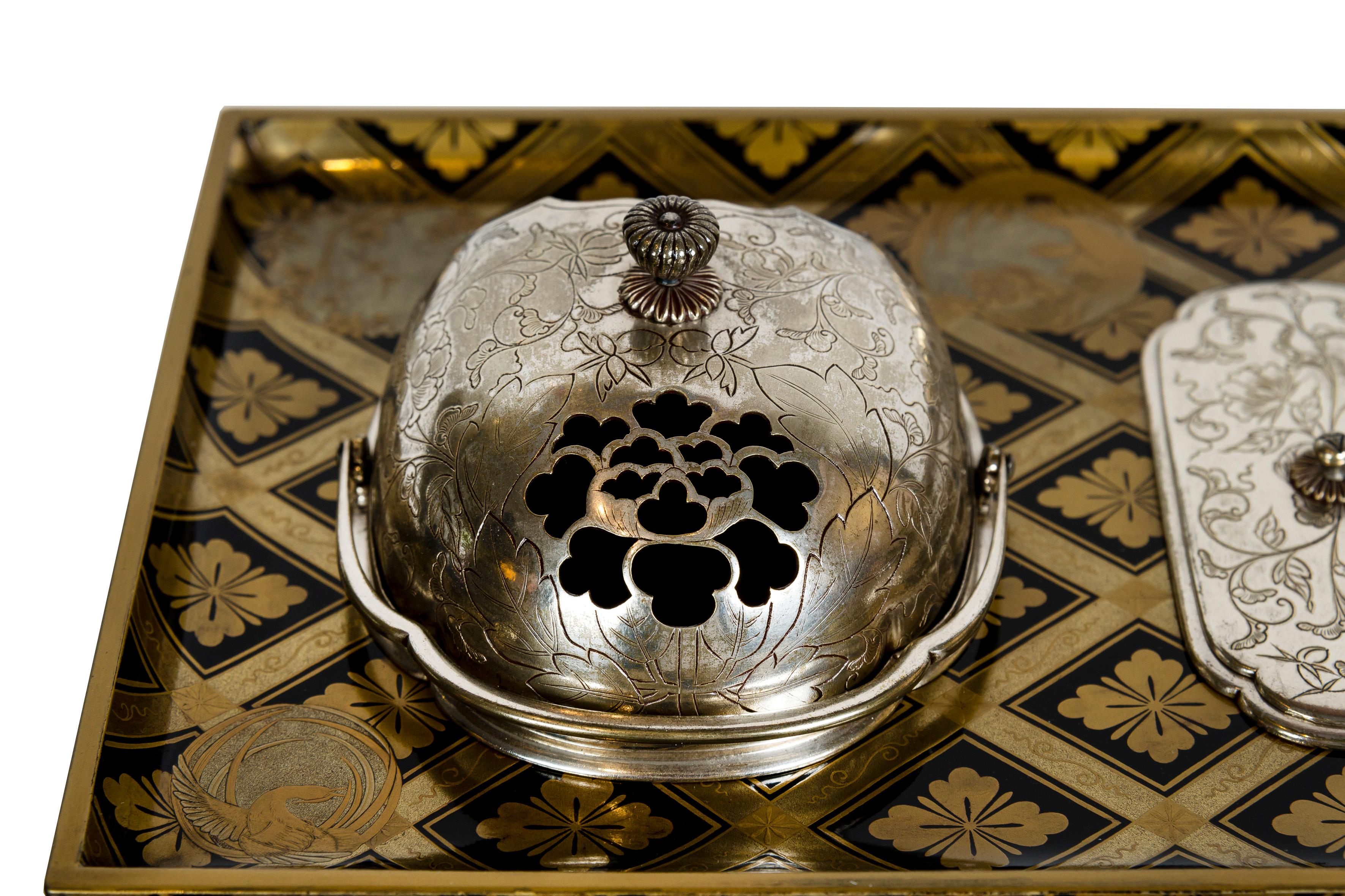 Japanese black and gold lacquer tabako bon or smoking set with silvered bronze 2