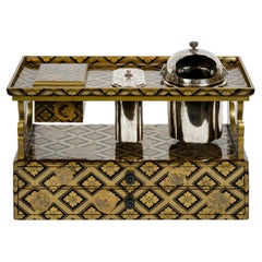 Japanese black and gold lacquer tabako bon or smoking set with silvered bronze