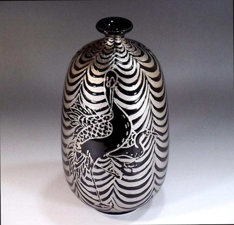 Hand-Painted Japanese Black and Platinum Porcelain Vase by Contemporary Master Artist For Sale
