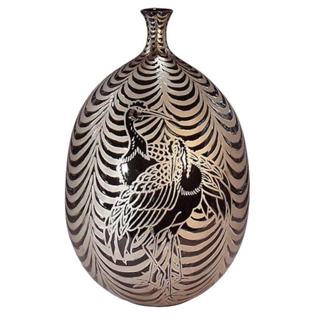 Japanese Black and Platinum Porcelain Vase by Contemporary Master Artist For Sale