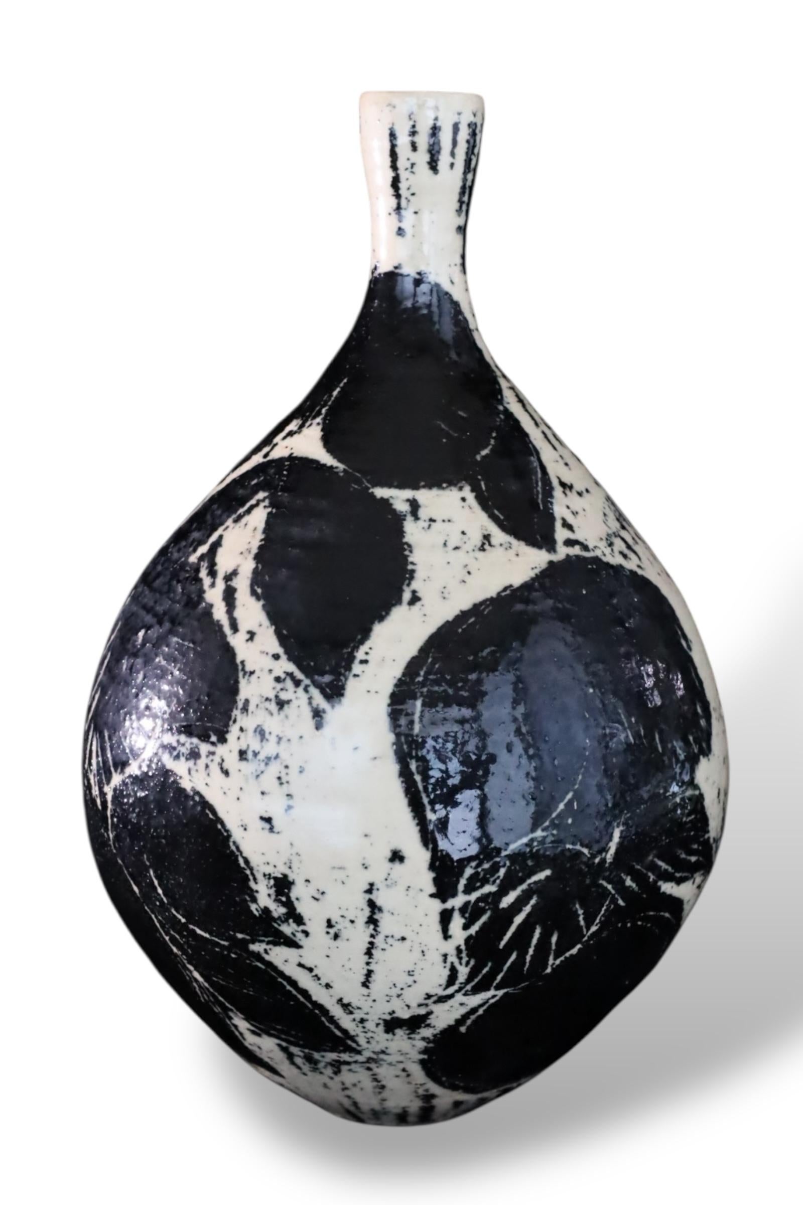 Showa Japanese Black and White Glazed Ceramic Vase with Abstract Botanical Motif For Sale