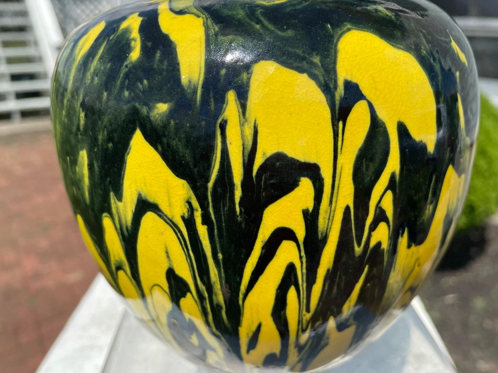 Glazed Japanese Black and Yellow Art Deco Studio Vase