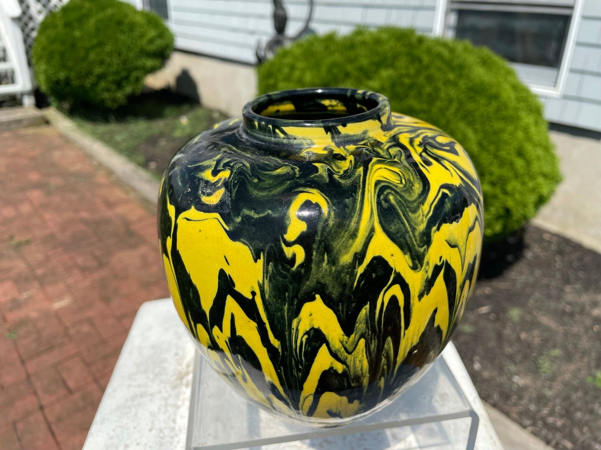 Ceramic Japanese Black and Yellow Art Deco Studio Vase