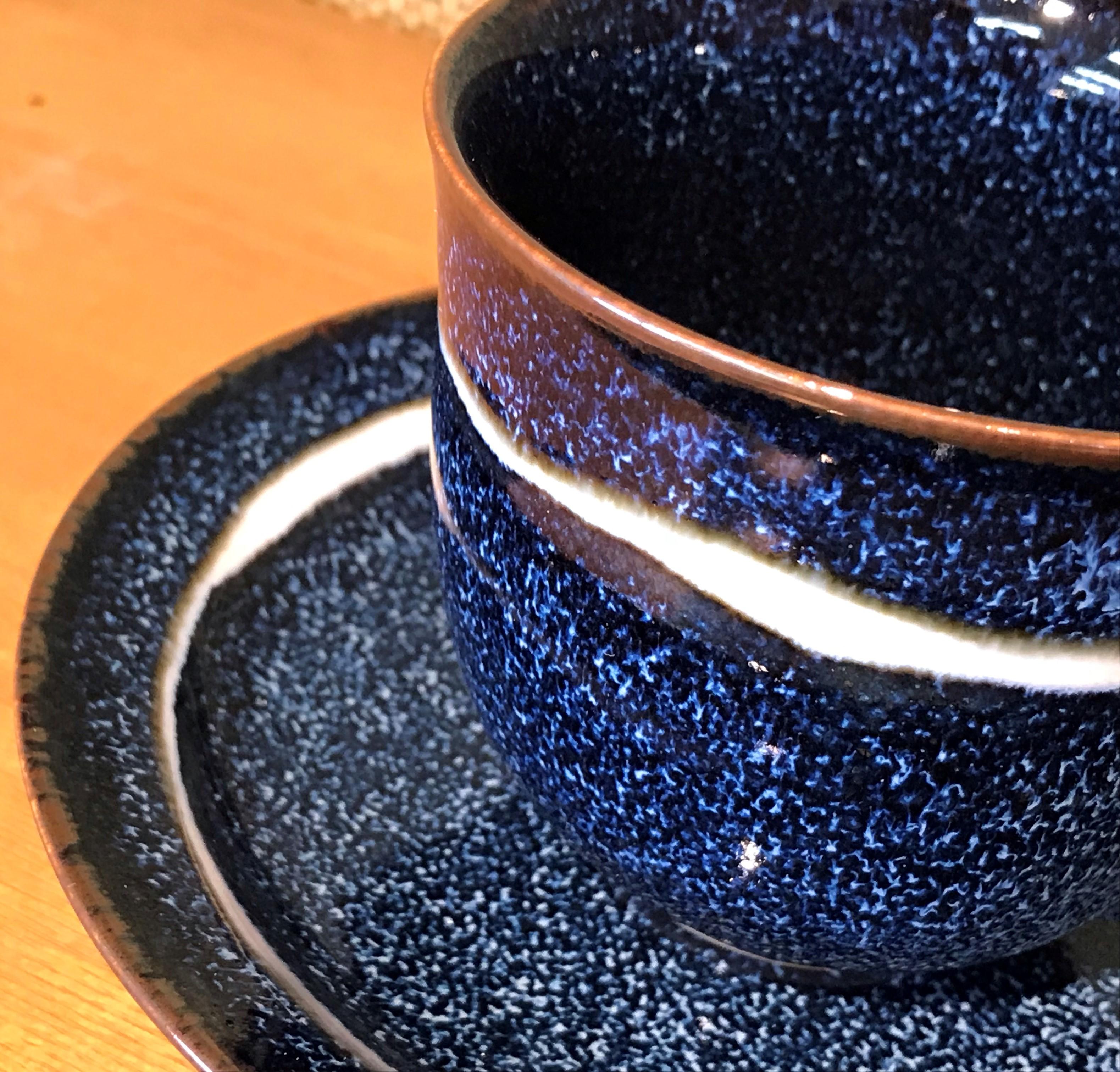 Hand-Painted Japanese Black Blue Hand-Glazed Porcelain Cup and Saucer, Master Artist 2018