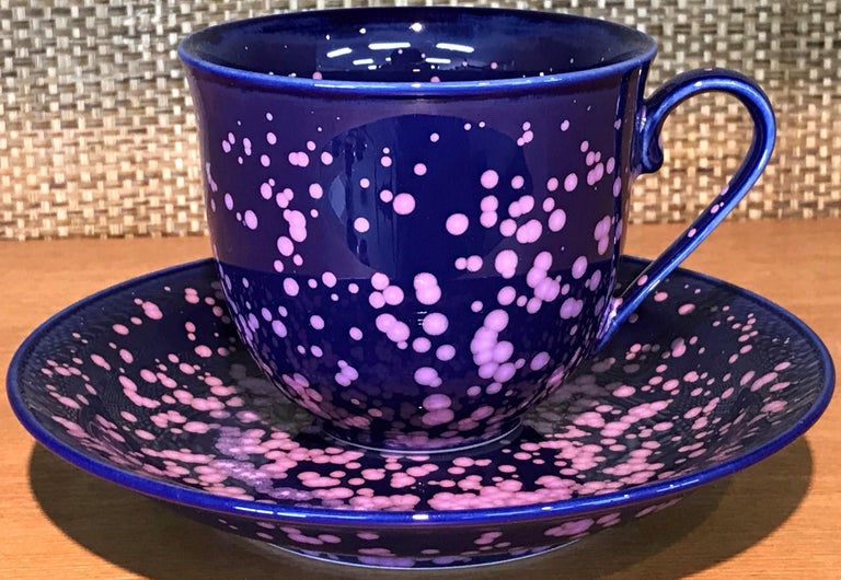 Contemporary Japanese Black Blue Hand-Glazed Porcelain Cup and Saucer, Master Artist 2018 For Sale