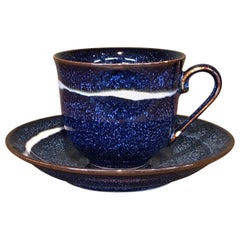 Japanese Black Blue Hand-Glazed Porcelain Cup and Saucer, Master Artist 2018
