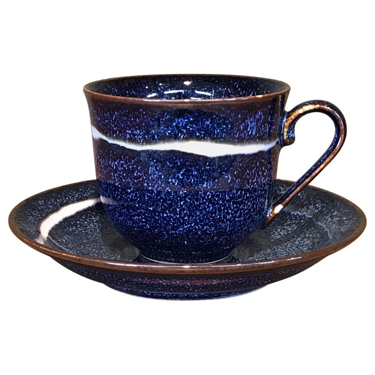 Japanese Black Blue Hand-Glazed Porcelain Cup and Saucer, Master Artist 2018 For Sale