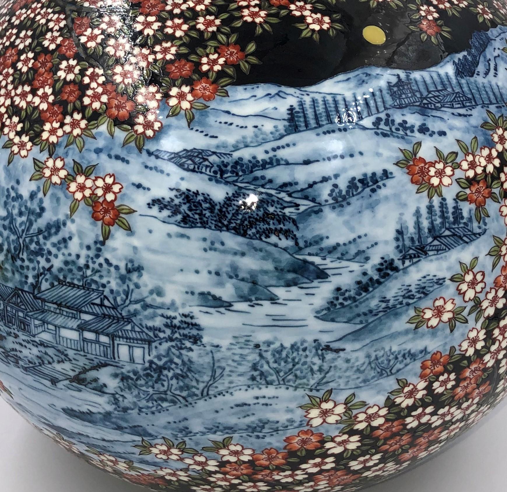 Meiji Japanese Contemporary Black Blue Red Porcelain Vase by Master Artist, 2 For Sale