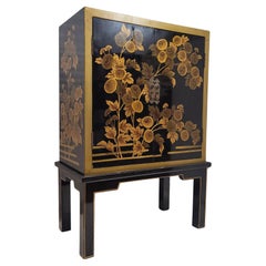Japanese Black Cabinet “Chrysanthemums”, urushi-e lacquer, Showa period