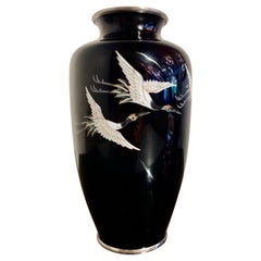 Japanese Black Cloisonne Vase with Cranes by Sato, Mid 20th Century, Japan