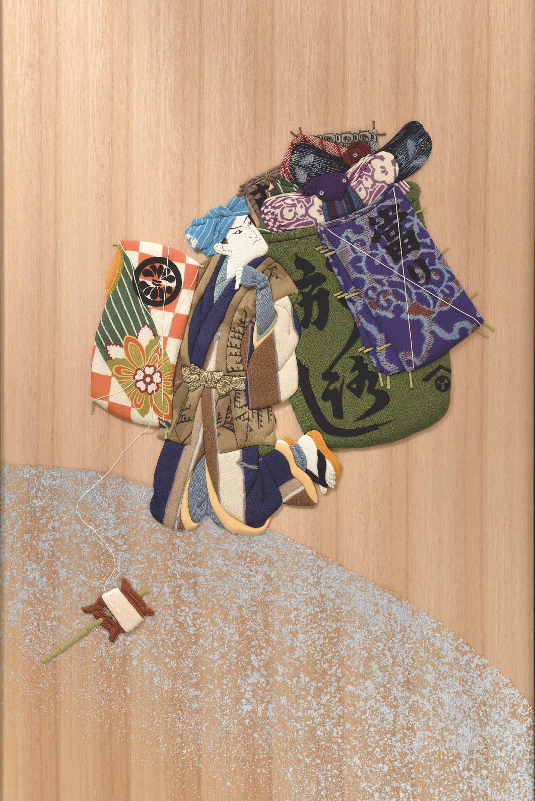 A genre Japanese painting of the Edo period portraying street vender of that era selling kites made of fabrics. It has been reproduced in an oshie raised picture technique, using antique kimono silk and brocade fabrics. A traditional Japanese