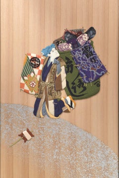 Japanese Contemporary Silk Brocade Handcrafted Oshie Two Panel Folding Screen