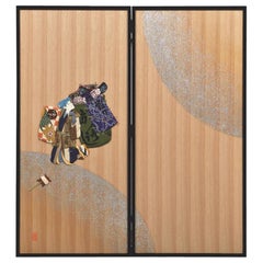 Japanese Contemporary Silk Brocade Handcrafted Oshie Two Panel Folding Screen