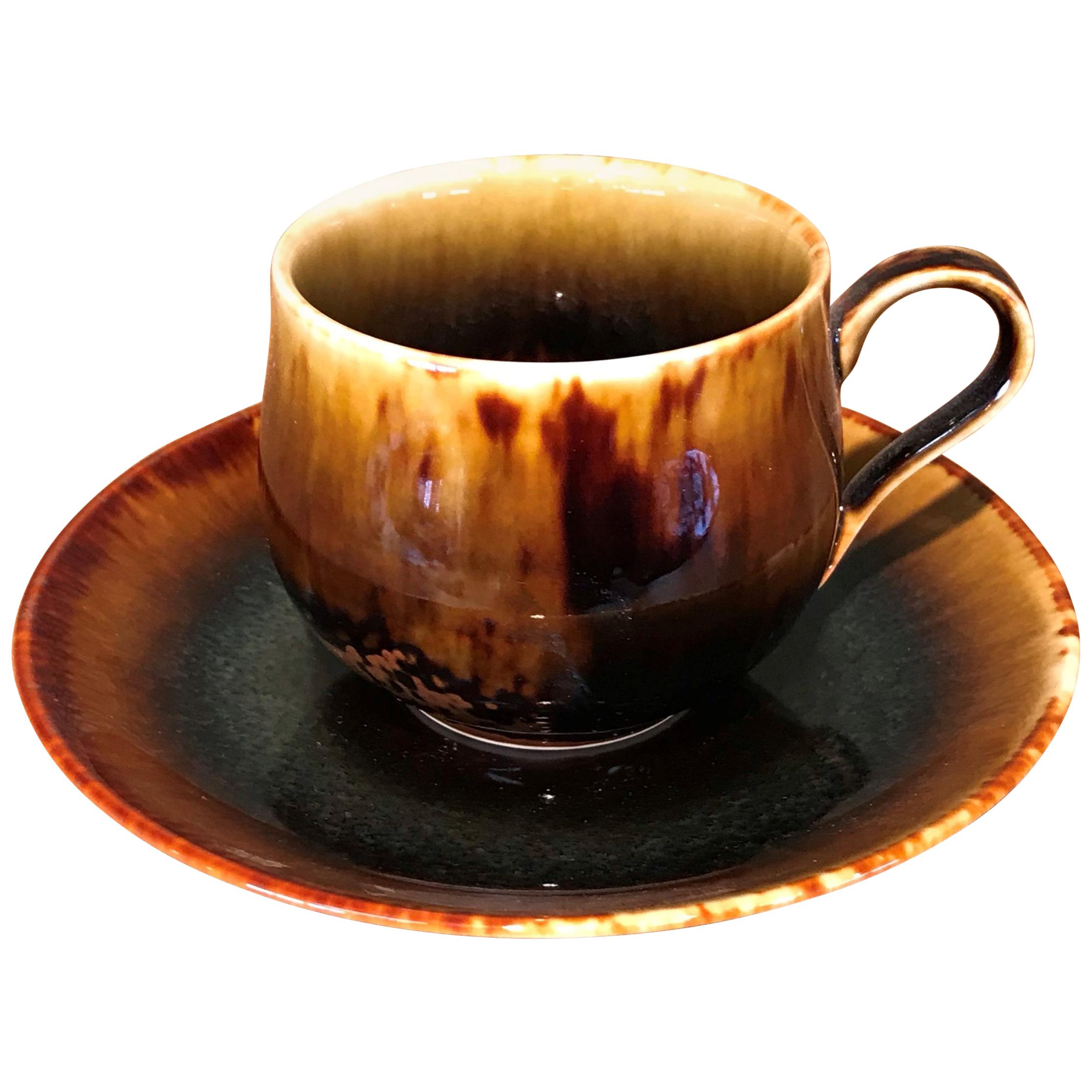 Japanese Black Hand-Glazed Porcelain Cup & Saucer by Contemporary Master Artist