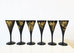 Japanese Black Lacquer & Gold Sake, Champagne Flutes or Wine Stemware, Set of 6