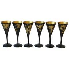 Set di 6 bicchieri da sake, champagne o vino in lacca nera giapponese e oro