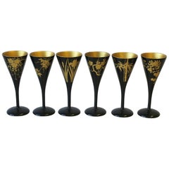 Japanese Black Lacquer & Gold Sake, Champagne Flutes or Wine Stemware, Set of 6