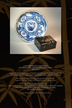Japanese Black Lacquer Box Together with a Blue and White Arita Plate