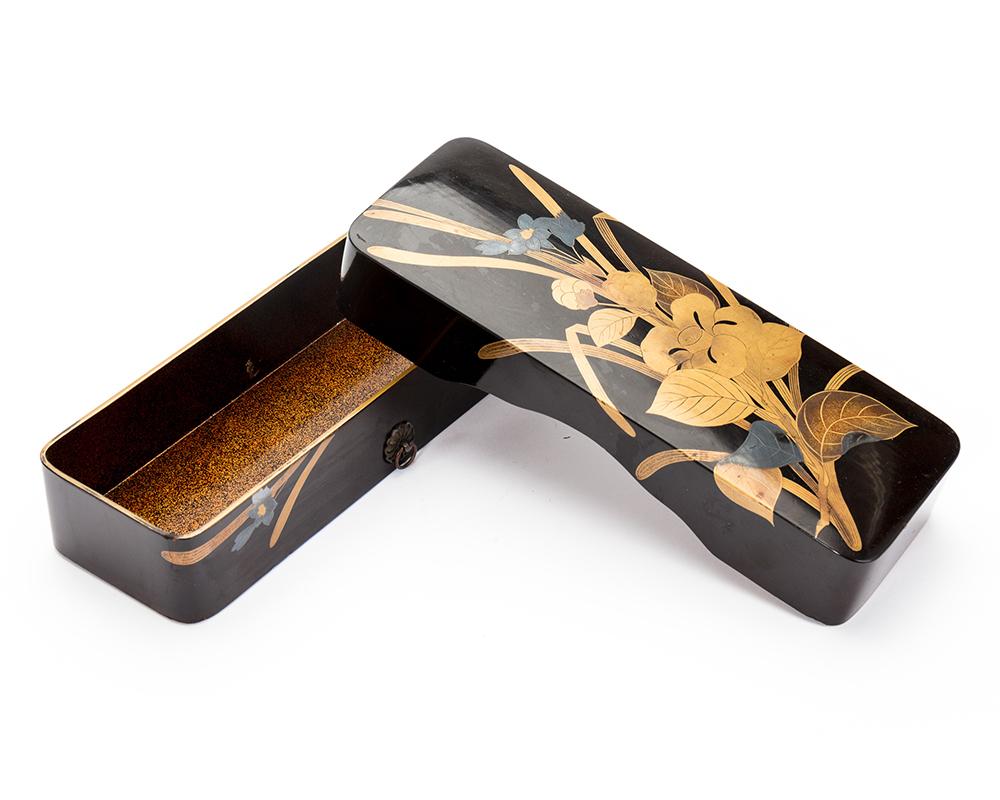 Meiji Japanese Black Lacquer Box with Gold and Silver Maki-E Floral Design, circa 1870