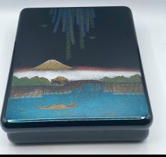 Japanese Black Lacquer Box with Mount Fuji Landscape, 20th Century