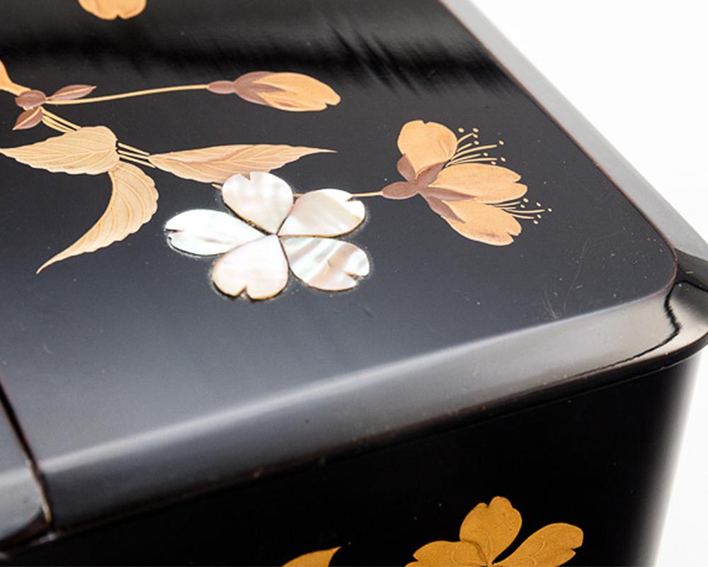 20th Century Japanese Black Lacquer Box with Overlaid Mother of Pearl and Gold Maki-E