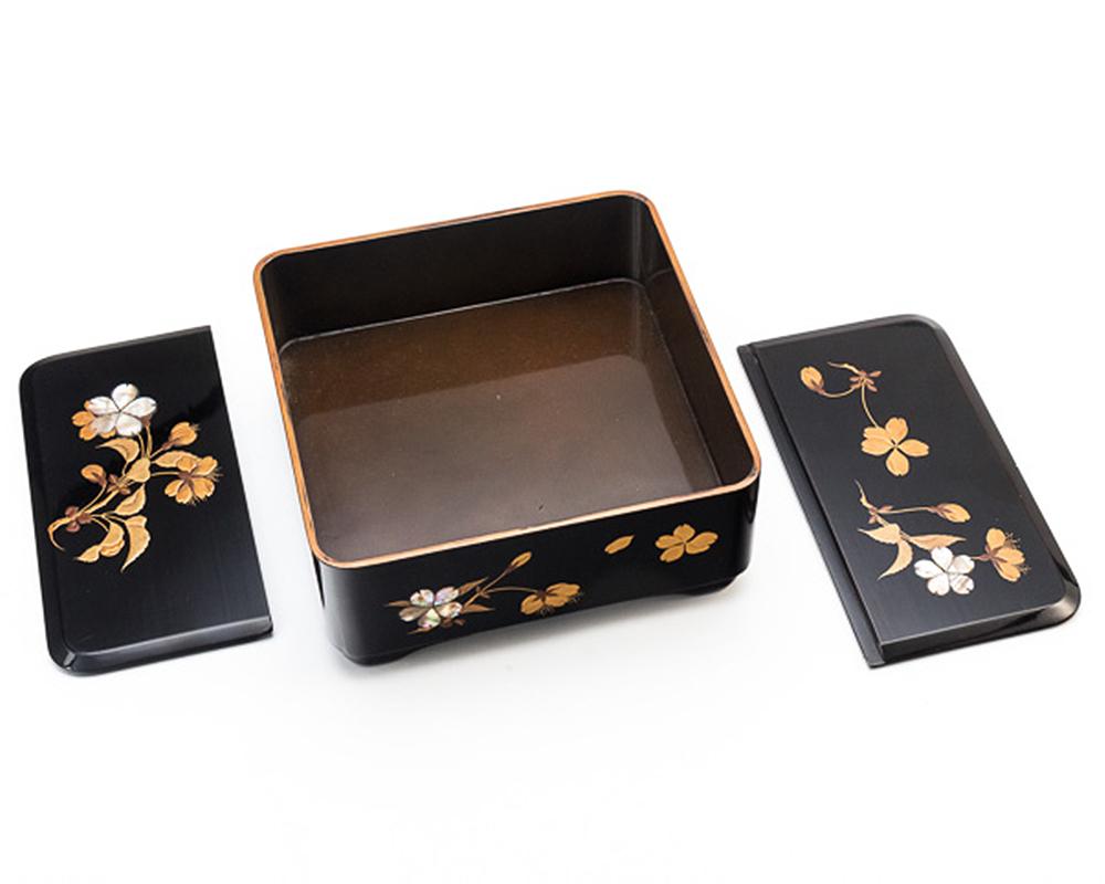 Mother-of-Pearl Japanese Black Lacquer Box with Overlaid Mother of Pearl and Gold Maki-E