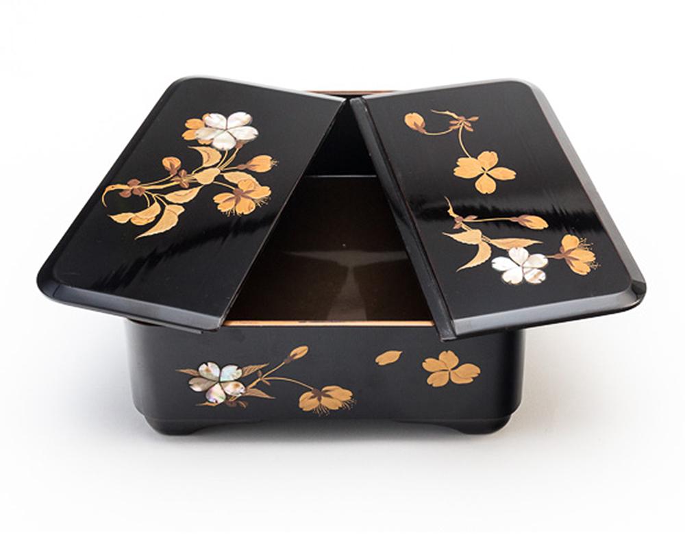 Japanese Black Lacquer Box with Overlaid Mother of Pearl and Gold Maki-E 1