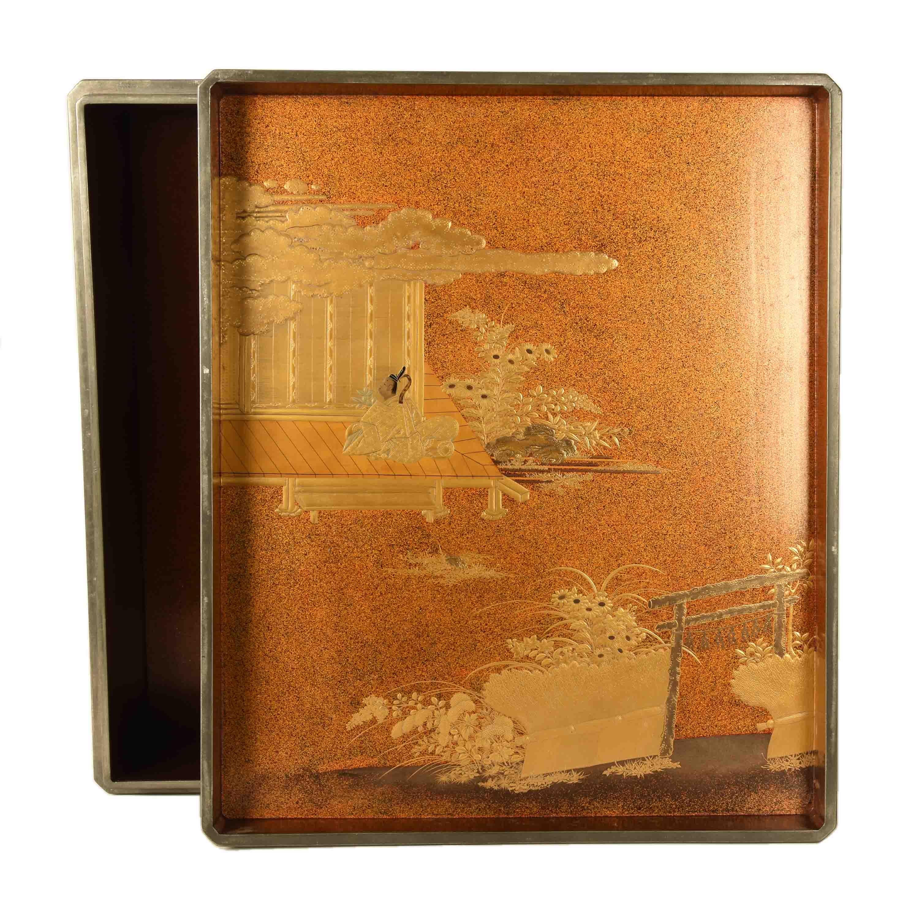 Gilt Japanese Black Lacquer Document Box with Gold Maki e Design, Meiji Period For Sale