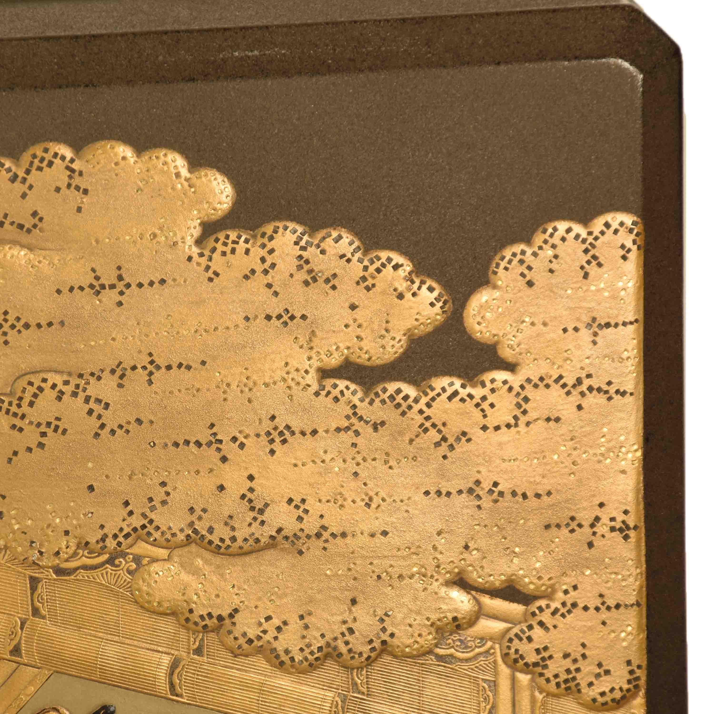 Magnífica Caja Japonesa para Documentos de Laca Negra con Diseño Maki e Dorado, Periodo Meiji Madera en venta