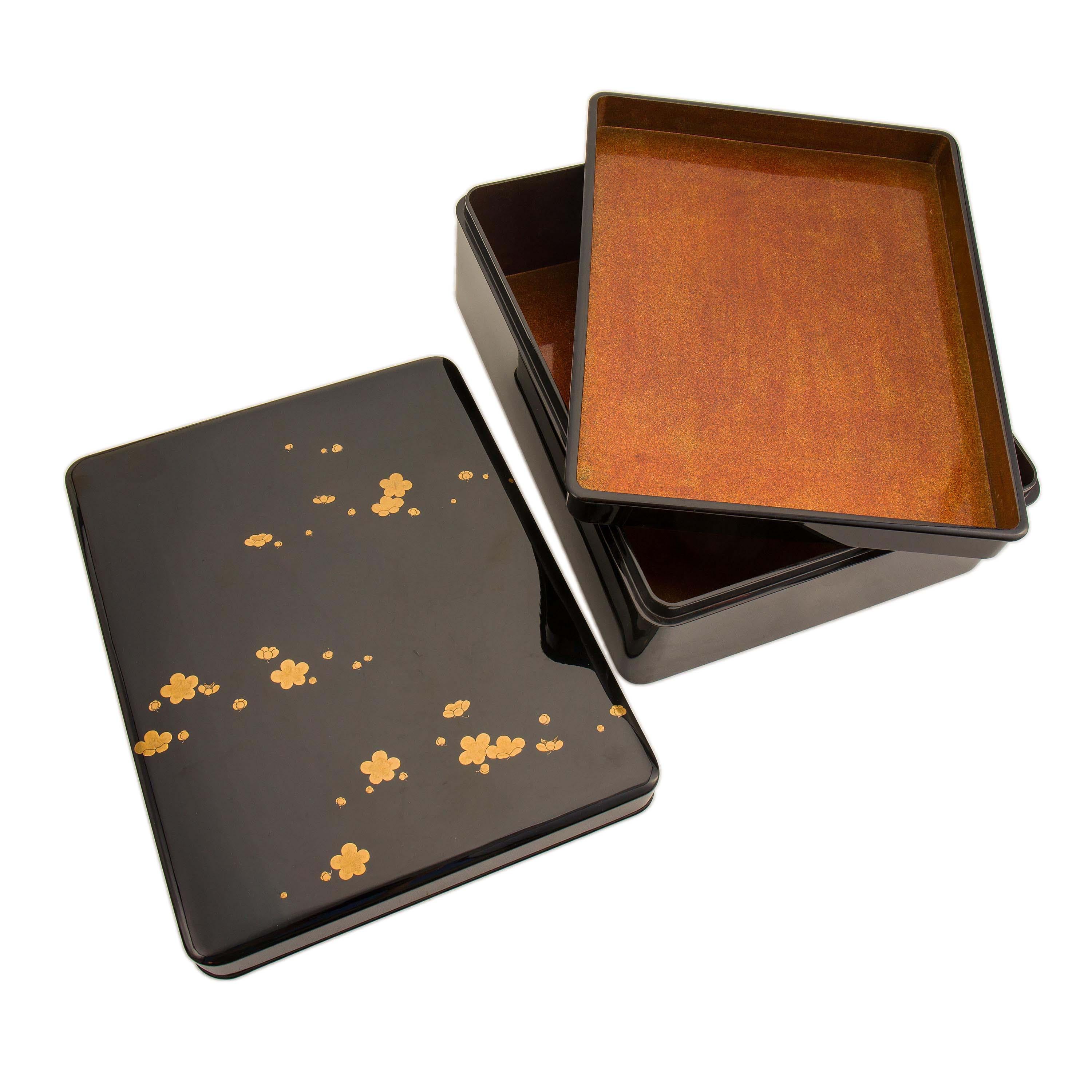 Gilt Japanese Black Lacquer Document Box with Plum Blossom Design, Taisho Period For Sale